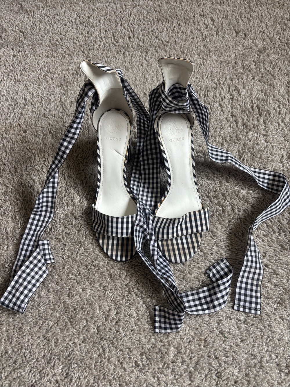 Guess Black & White Gingham Tie-Ankle Heels